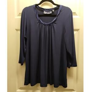Susan Graver Style Women's Size Large Navy Blue 3/4 Sleeves Twist Neck Blouse